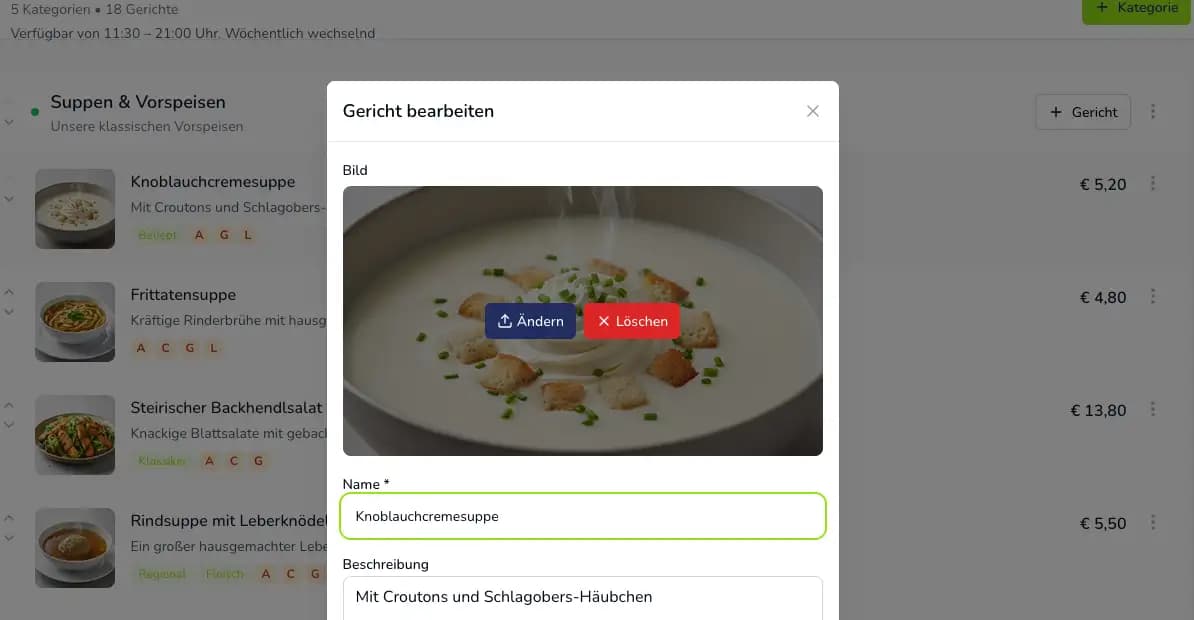 Digitale Speisekarte